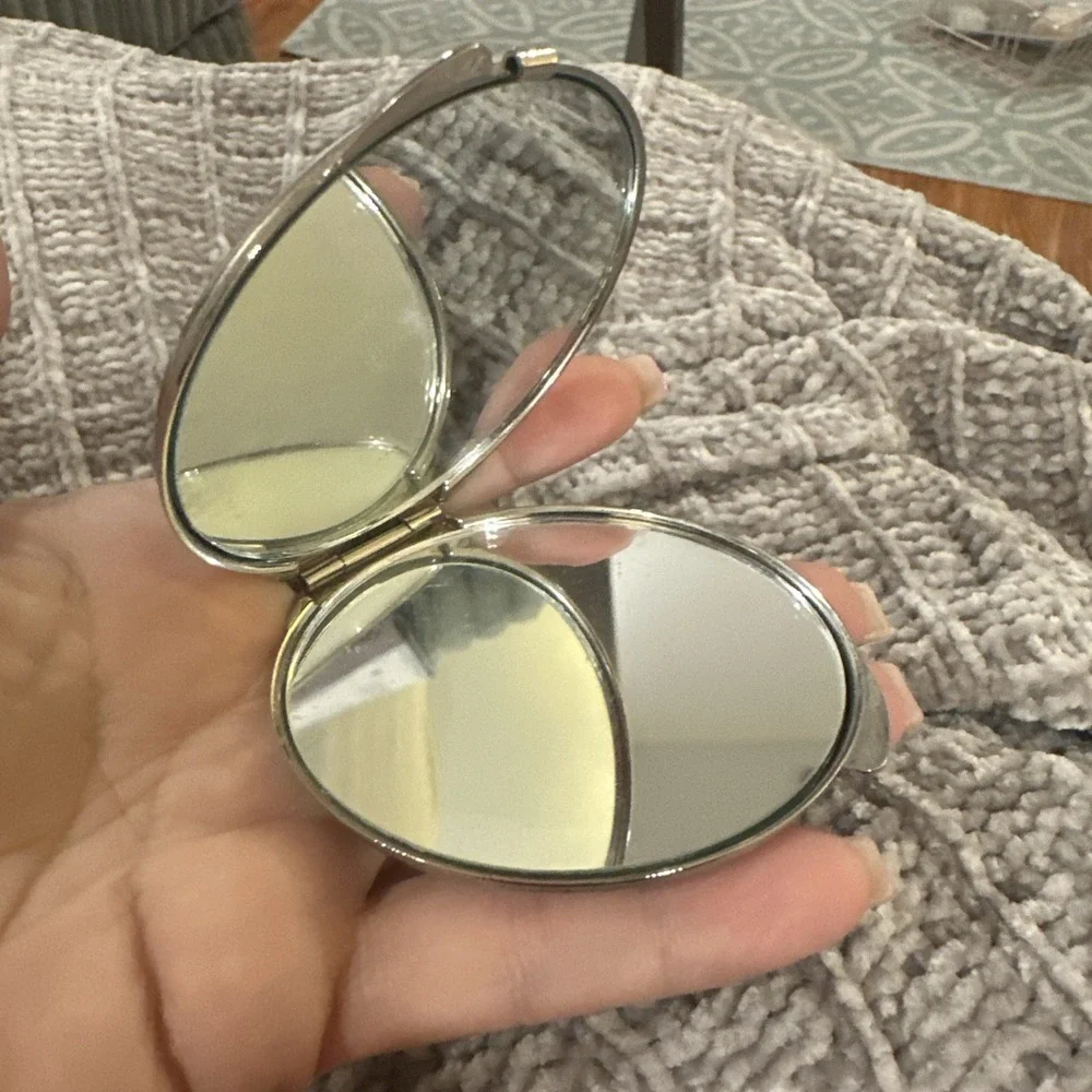 Vintage Unbranded Compact Mirror Makeup Karess Woodworth Style Silver Rhinestone